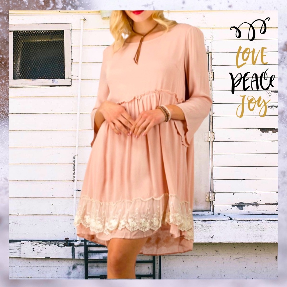 Babydoll Tunic Dress in Dusty Rose with Winter White Lace Details